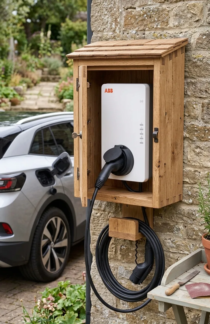 Borne ABB installée dans un coffret en bois