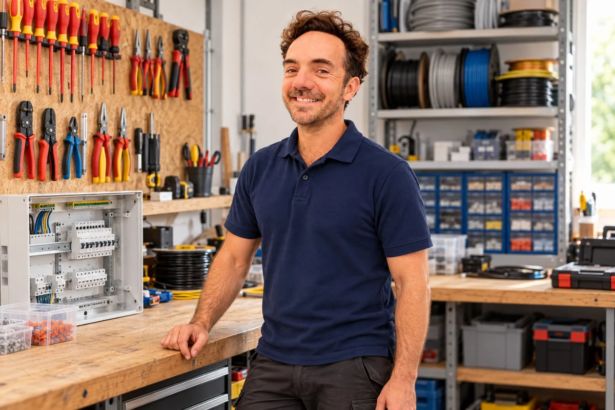 Charlie Basset, artisan électricien DeltaWatt, dans son atelier